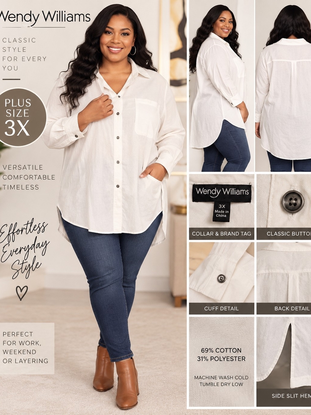 Wendy Williams 3X White Button Down Long Sleeve High Low Shirt